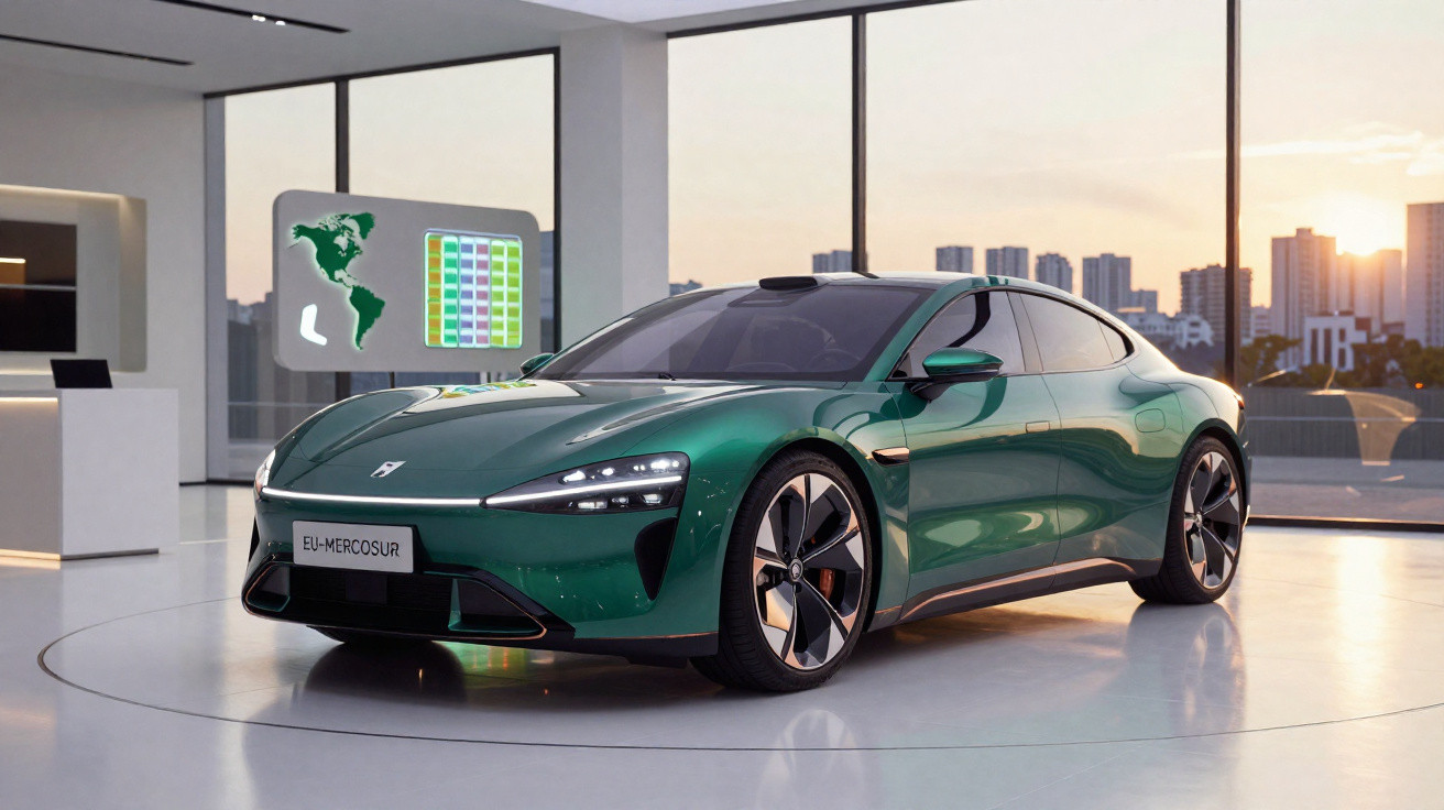 Carro esportivo elétrico verde com placa EU-MERCOSUR em ambiente interno moderno ao pôr do sol.