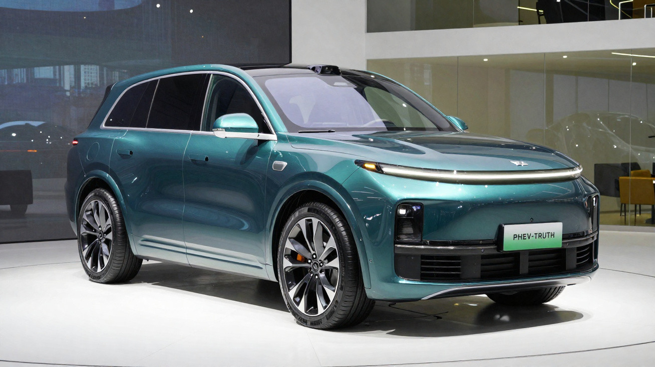Carro SUV elétrico verde metálico exibido em estande de exposição, com design moderno e faróis LED finos.