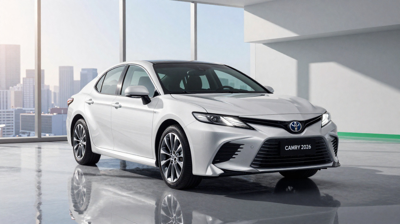 Carro sedan branco Toyota Camry 2026 estacionado em garagem com janela e vista urbana ao fundo.