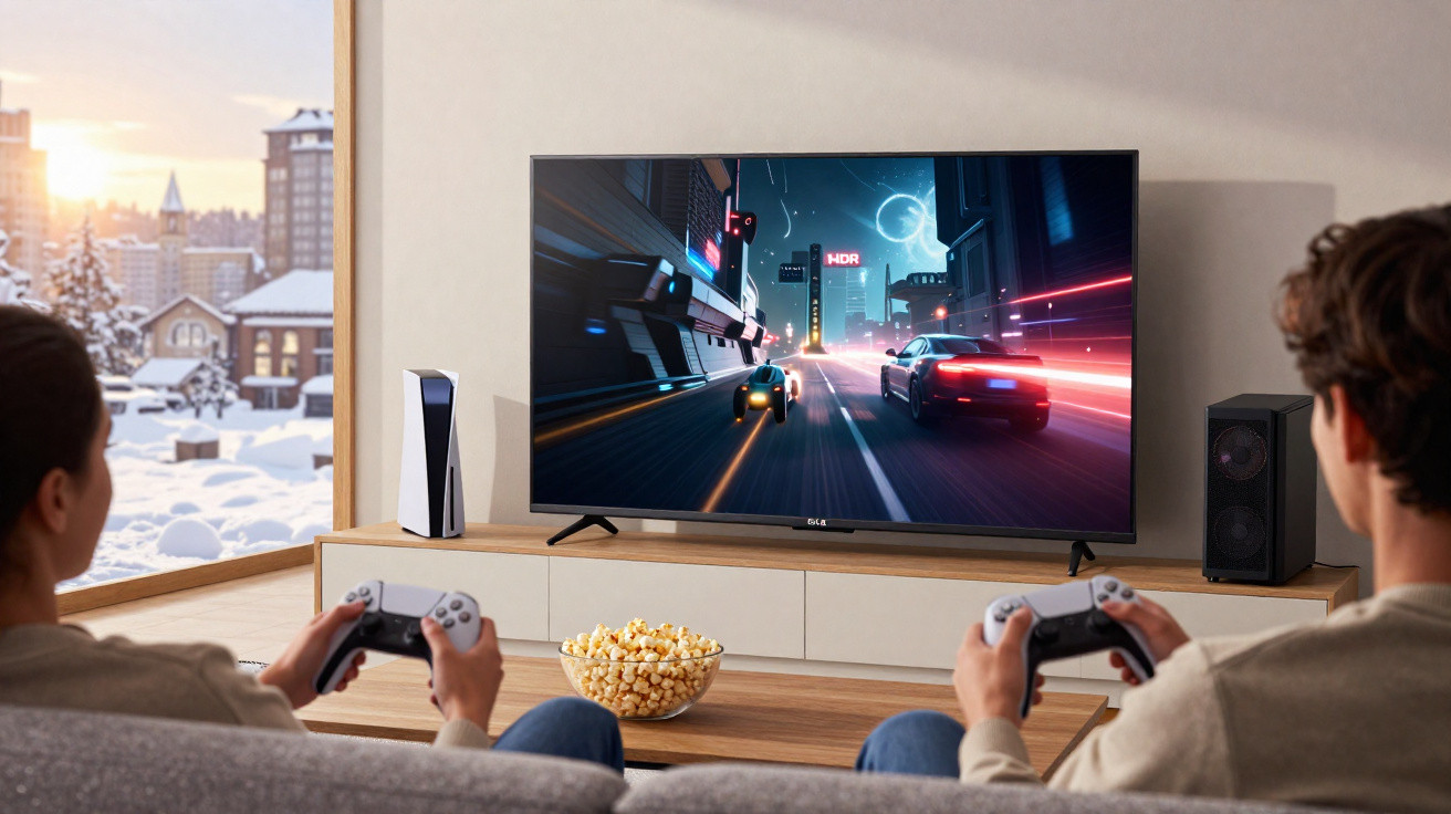 Duas pessoas jogando videogame com controles, TV exibindo corrida futurista e tigela de pipoca na mesa.