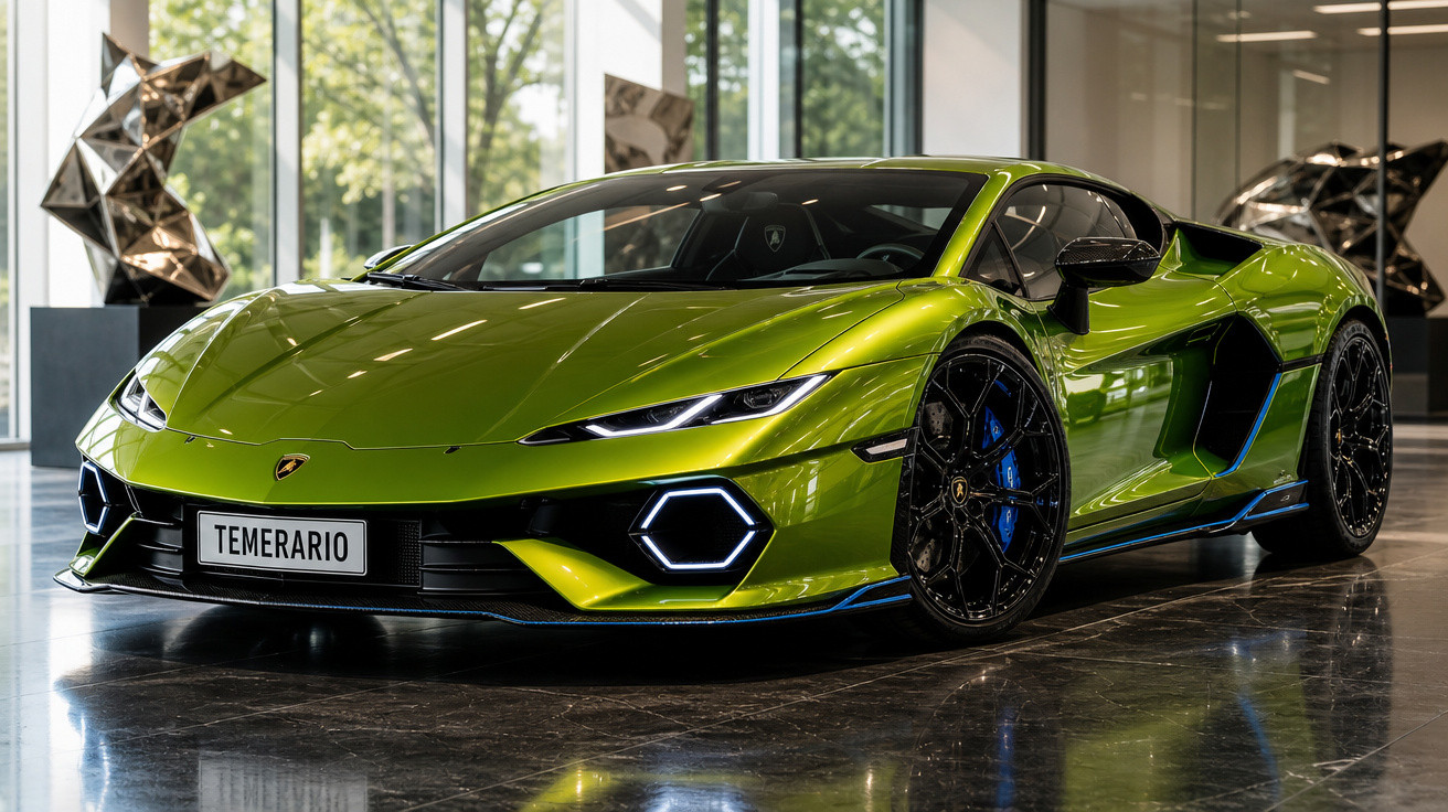 Carro esportivo Lamborghini verde metálico parado em showroom moderno com piso brilhante e esculturas decorativas.