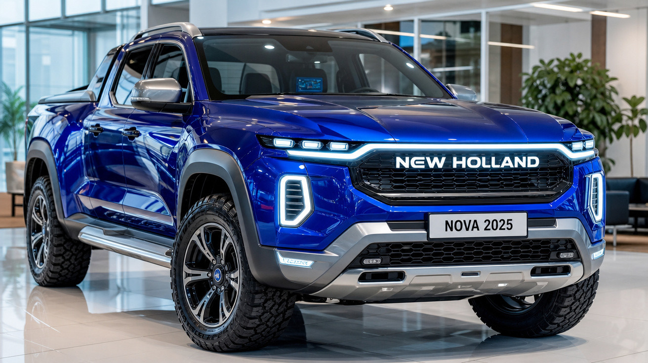 Picape azul New Holland Nova 2025 em estande interno, com faróis de LED e pneus robustos.