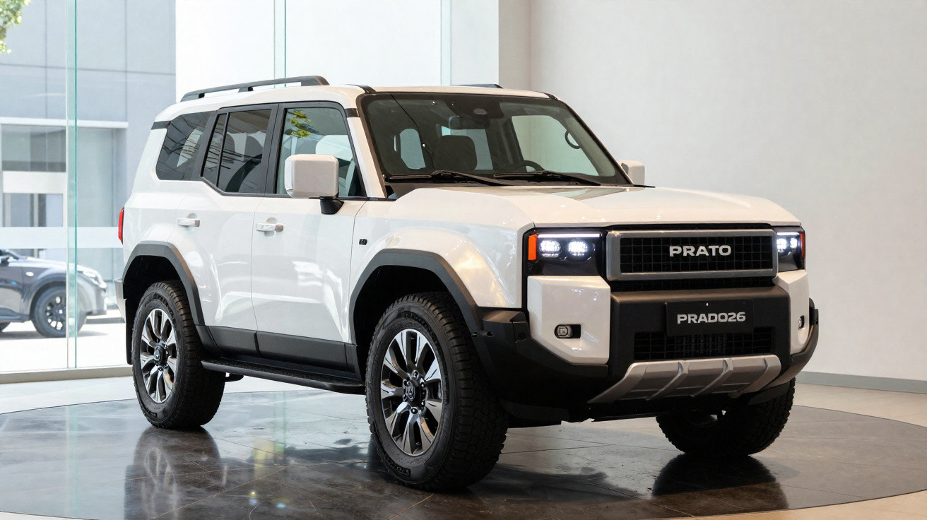 SUV branco modelo Prato PRADO26 em exposição dentro de showroom com piso espelhado.