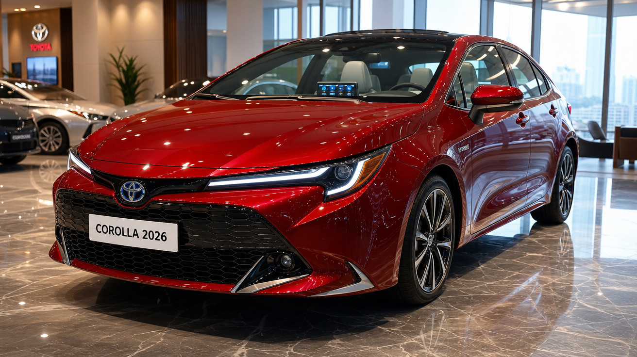Carro Toyota Corolla 2026 vermelho exposto em concessionária com piso de mármore e iluminação moderna.