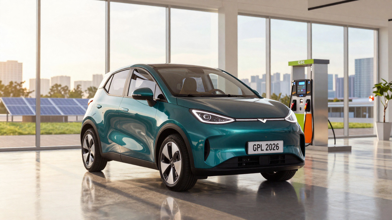 Carro elétrico verde em showroom moderno com painéis solares e cidade ao fundo.
