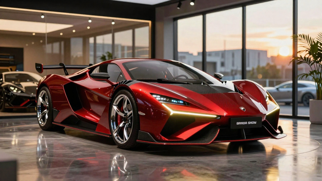 Carro esportivo vermelho brilhante estacionado em showroom moderno com chão refletivo e luz do pôr do sol ao fundo.