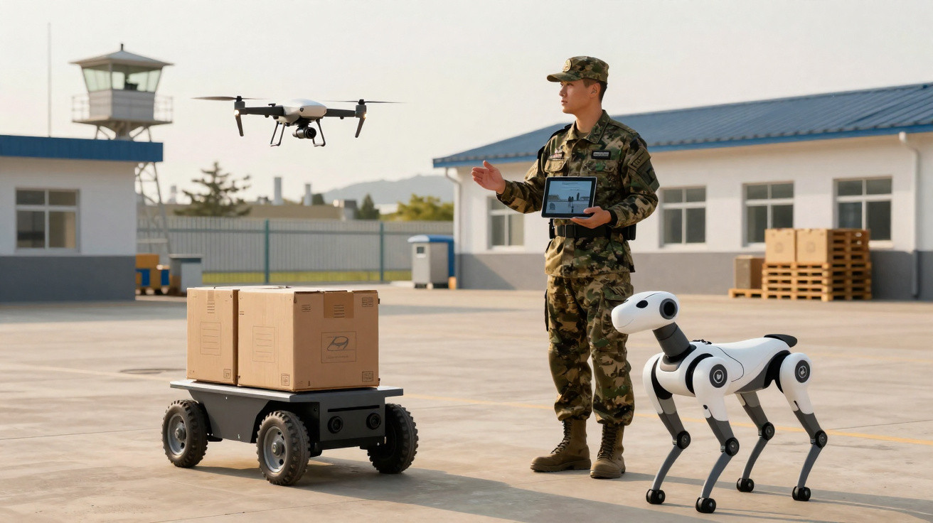 Soldado usando tablet controla drone, robô quadrúpede e veículo autônomo transportando caixas em pátio militar.