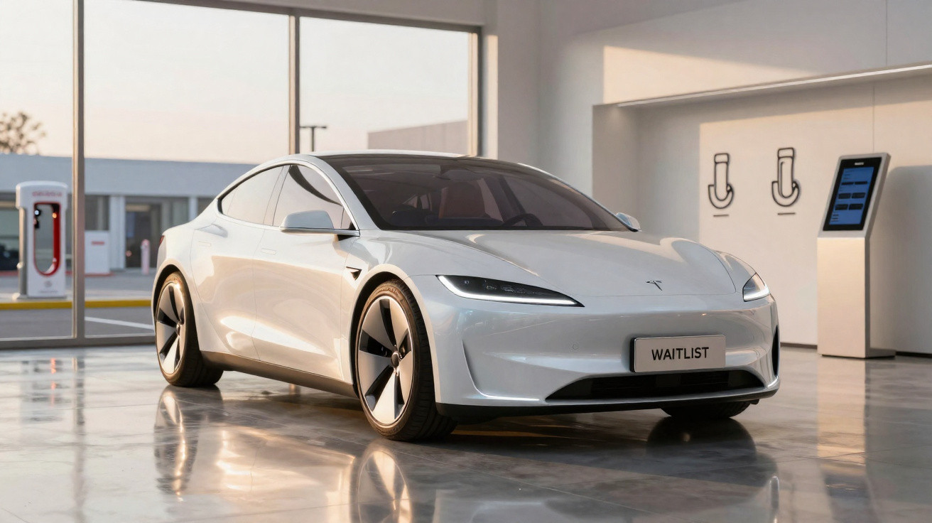 Carro elétrico Tesla branco estacionado em showroom moderno com piso brilhante.