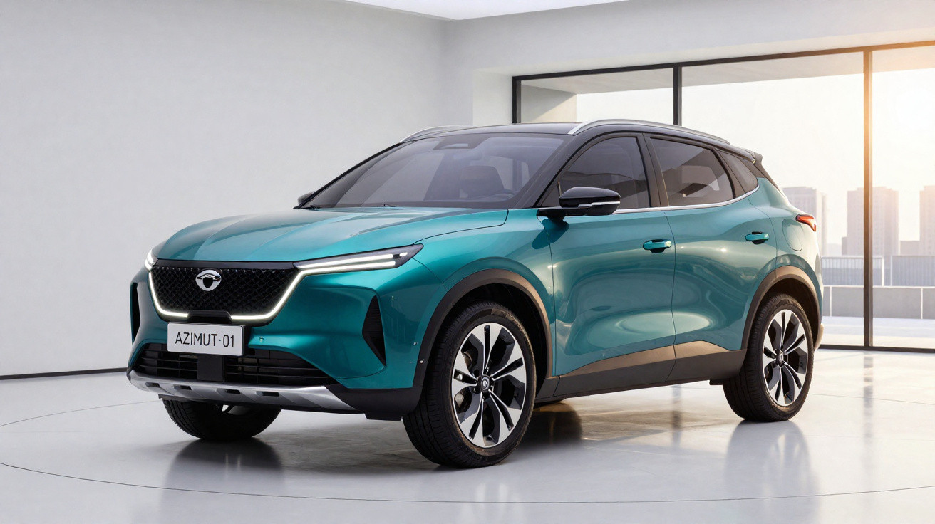 Carro SUV elétrico verde azul em ambiente interno com grande janela e luz natural ao fundo.
