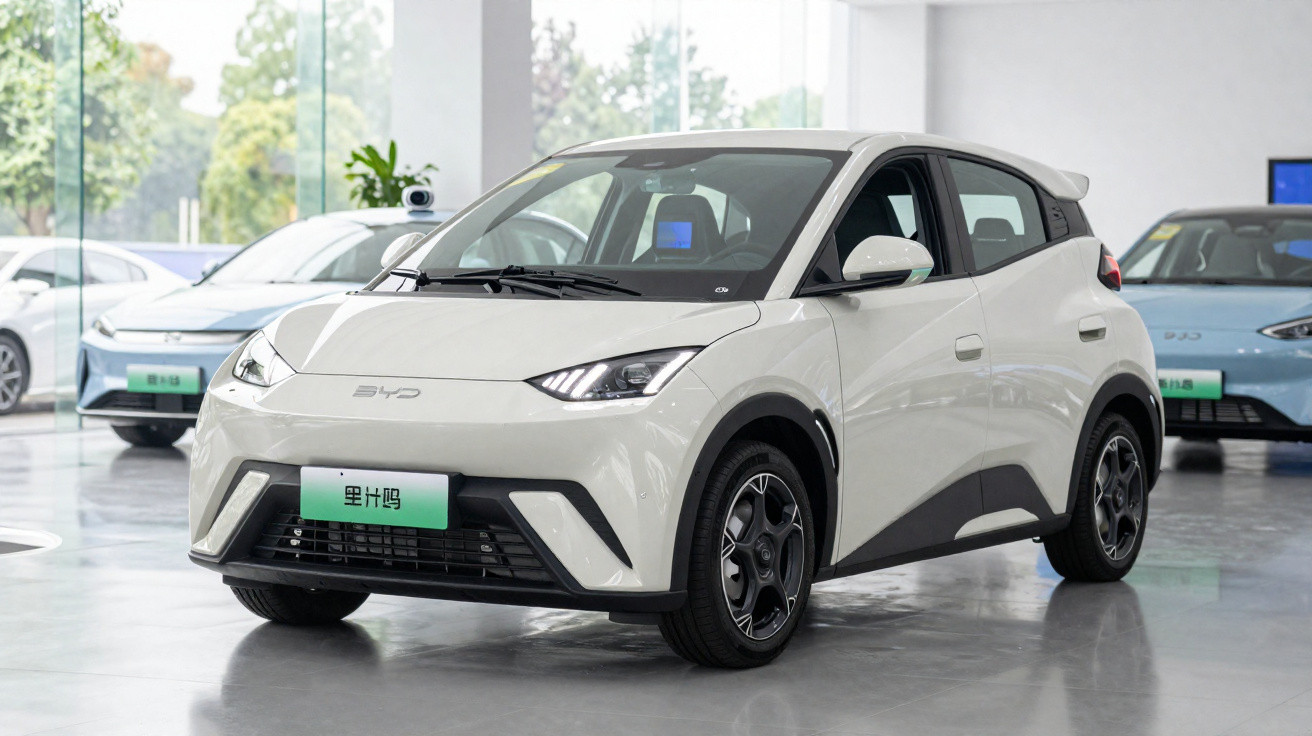 Carro elétrico branco compacto em showroom com piso brilhante e janelas amplas ao fundo.