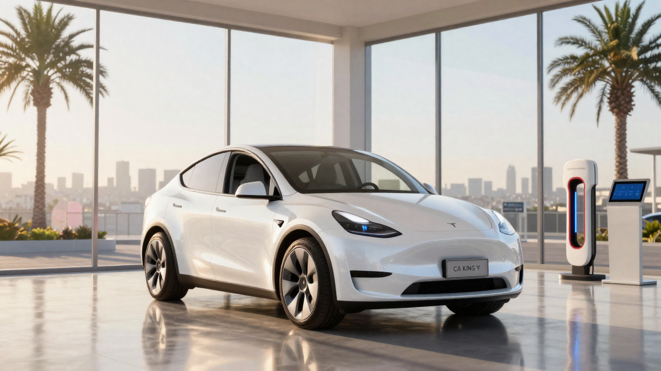 Carro elétrico branco Tesla Model Y em showroom moderno com janela panorâmica e estações de recarga.