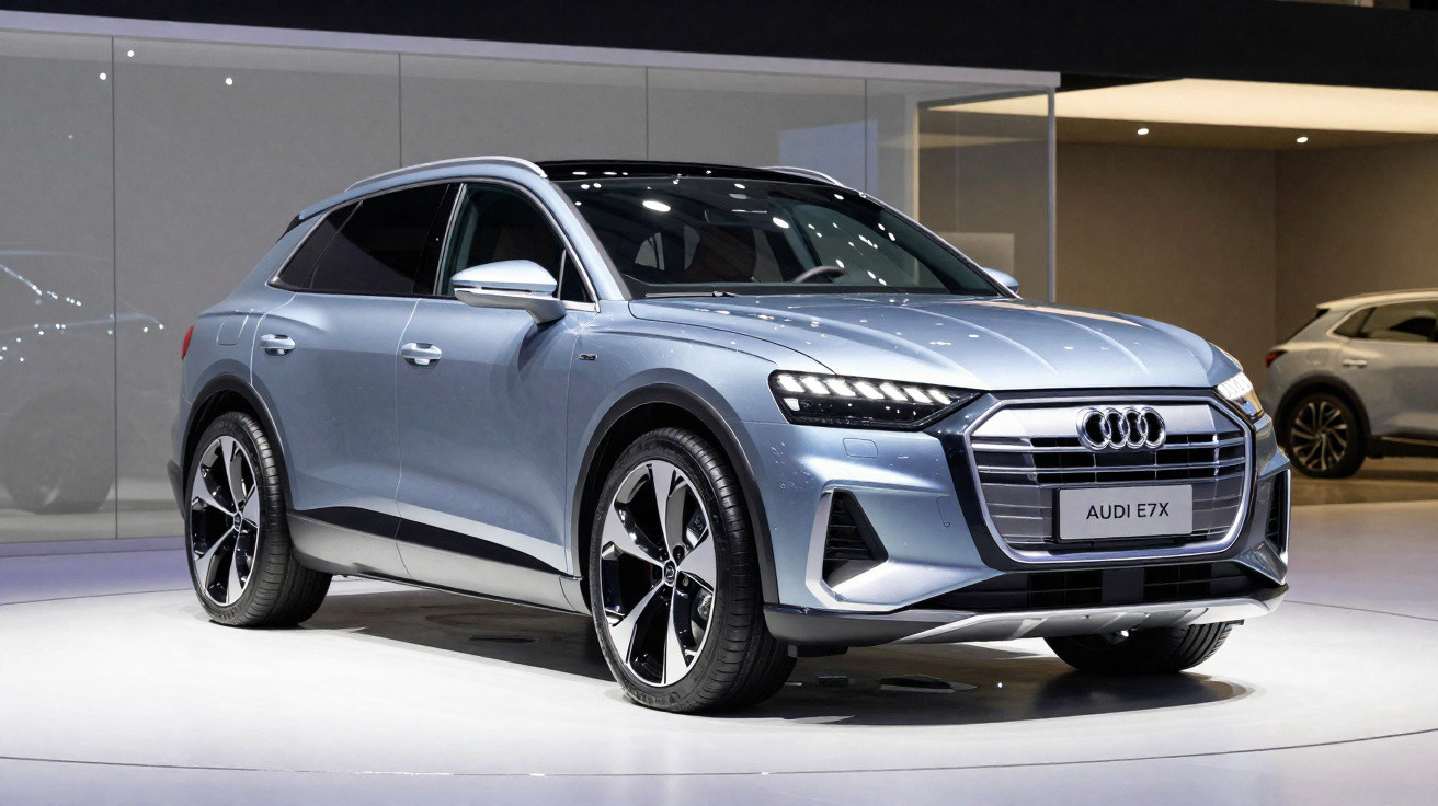 Audi E7X cinza estacionado em ambiente interno, com design moderno e rodas pretas e prateadas.