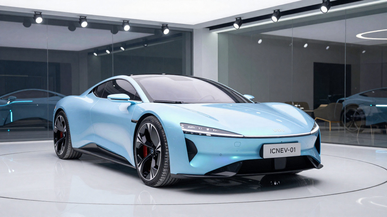 Carro esportivo elétrico azul claro exibido em showroom moderno com luzes de teto e paredes de vidro.