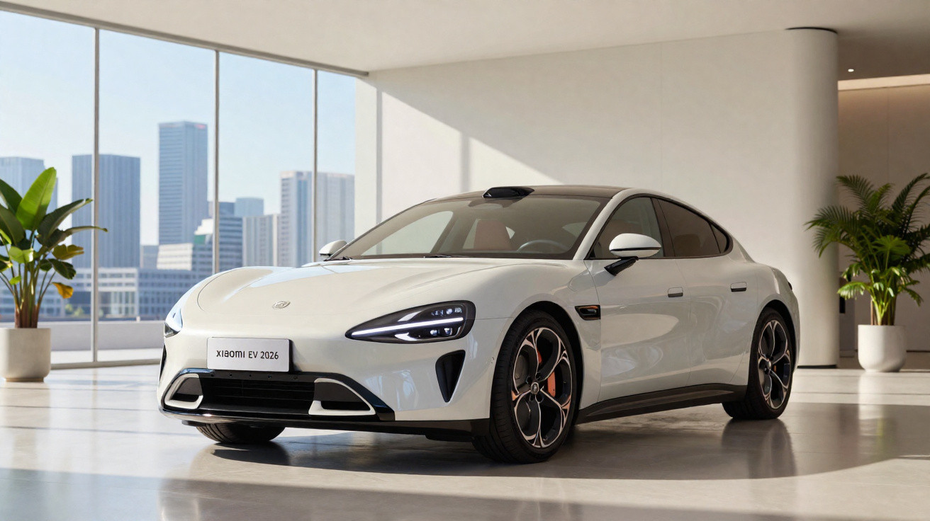 Carro elétrico branco Xiaomi EV 2026 em showroom com plantas e vista para prédios ao fundo.
