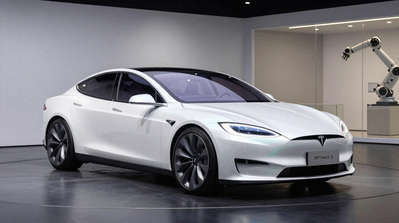 Carro elétrico branco Tesla Model S exibido em ambiente moderno com robô ao fundo.