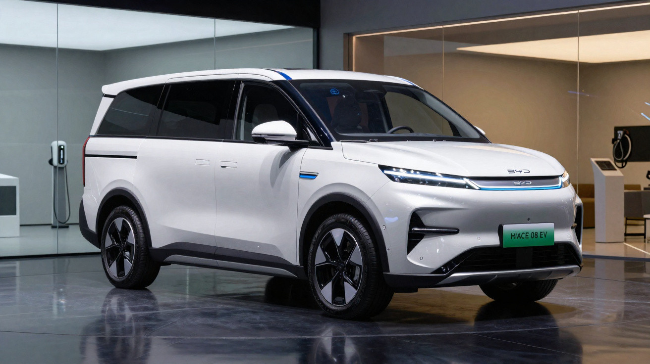 Carro elétrico SUV branco estacionado em ambiente interno moderno com chão refletivo.