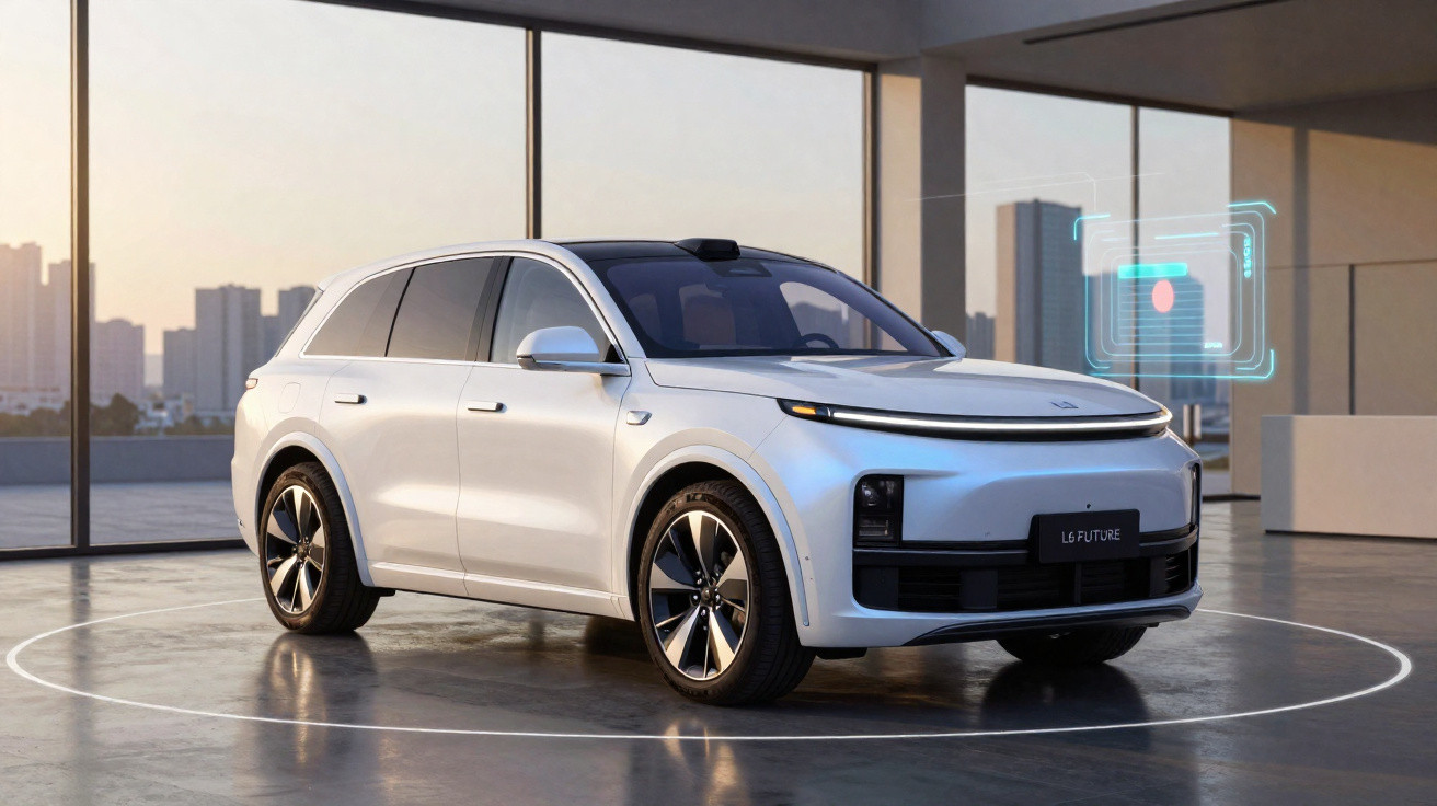 SUV elétrico branco estacionado em ambiente moderno com janelas amplas e vista urbana ao fundo.
