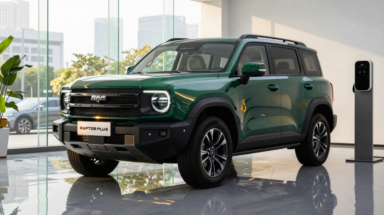 SUV elétrico verde RAI Raptor Plus estacionado em showroom moderno com grande vitrine e planta ao lado.