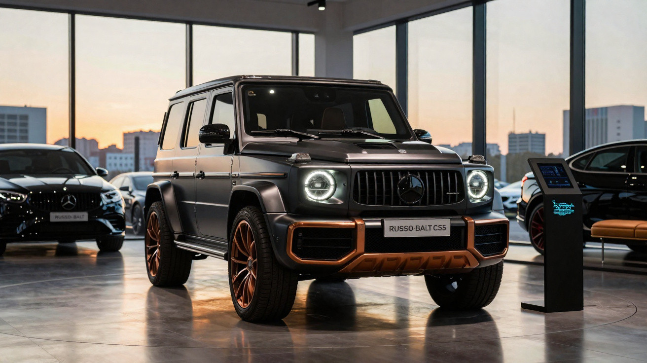 Carro SUV Russo Balt CS5 preto com detalhes em bronze exposto em showroom moderno com janelas panorâmicas.
