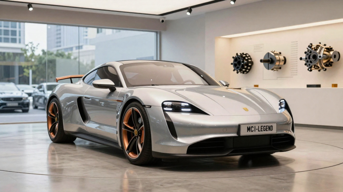 Carro esportivo prata com rodas douradas exposto em showroom moderno e iluminado.