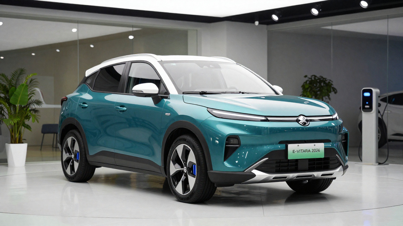 SUV elétrico Suzuki E-Vitara 2026 azul exibido em sala moderna com carregador ao fundo.
