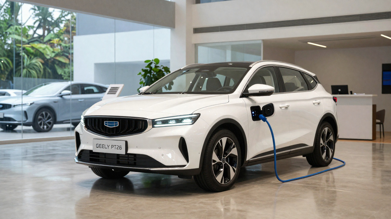 SUV elétrico branco Geely PT26 carregando em showroom moderno com piso brilhante e grandes janelas.