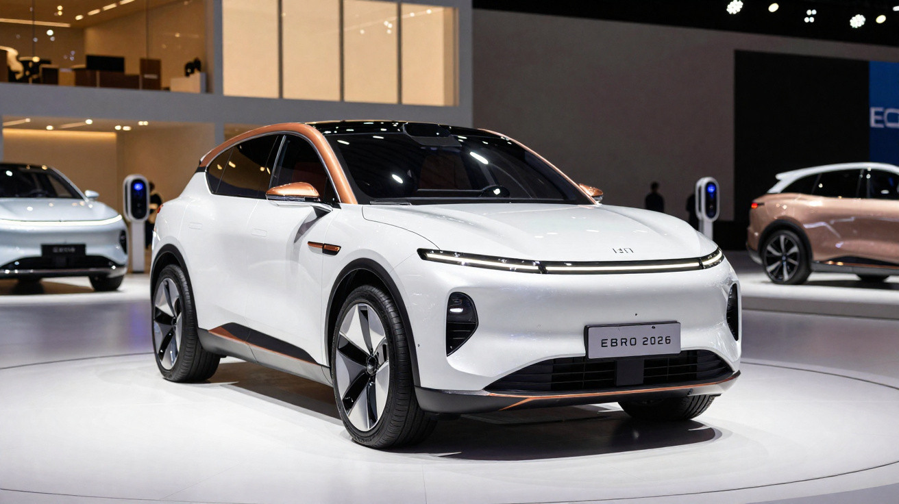 Carro elétrico branco Ebro 2026 em exposição, design moderno e linhas aerodinâmicas.