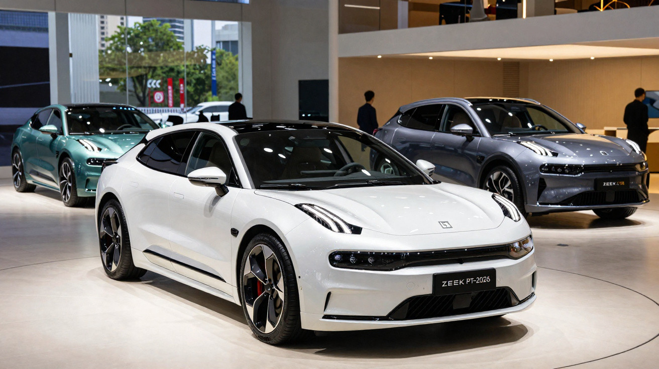 Três carros elétricos modernos exibidos em showroom com ambiente iluminado e pessoas ao fundo.