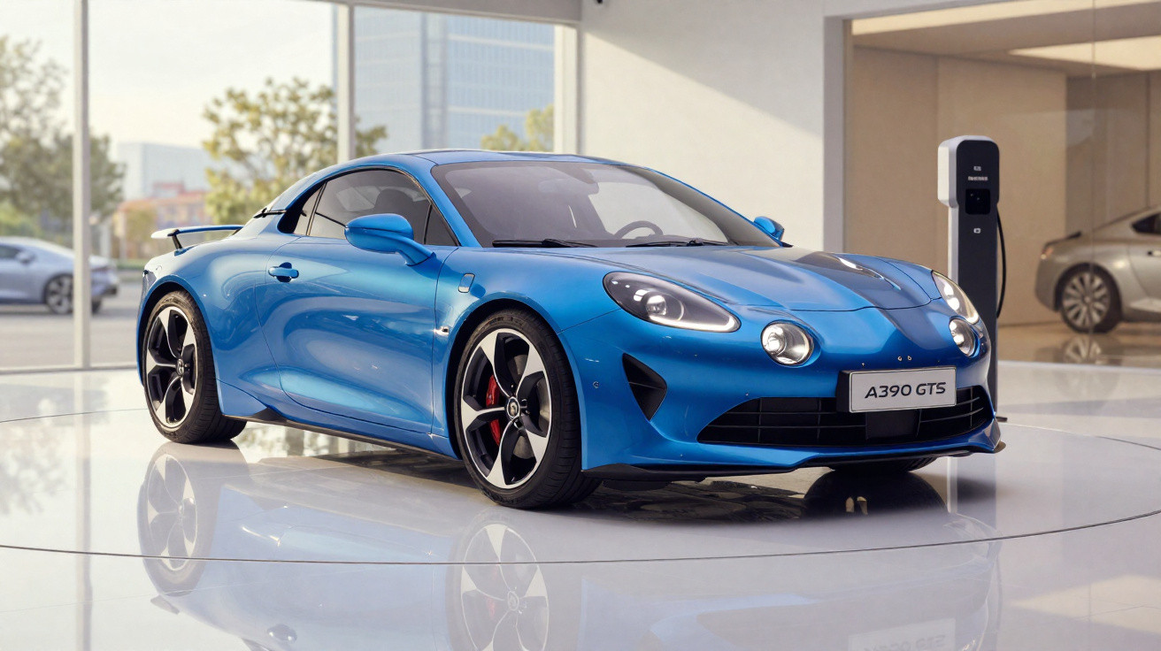 Carro esportivo azul A390 GTS estacionado em showroom moderno com parede de vidro e ponto de recarga.