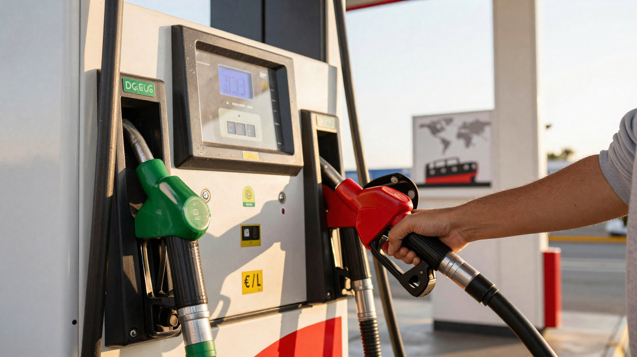 Pessoa segurando bico de bomba vermelha em posto de gasolina, próximo a bomba verde.