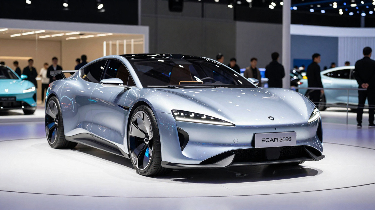 Carro esportivo elétrico prata futurista exibido em evento automotivo com pessoas ao fundo.