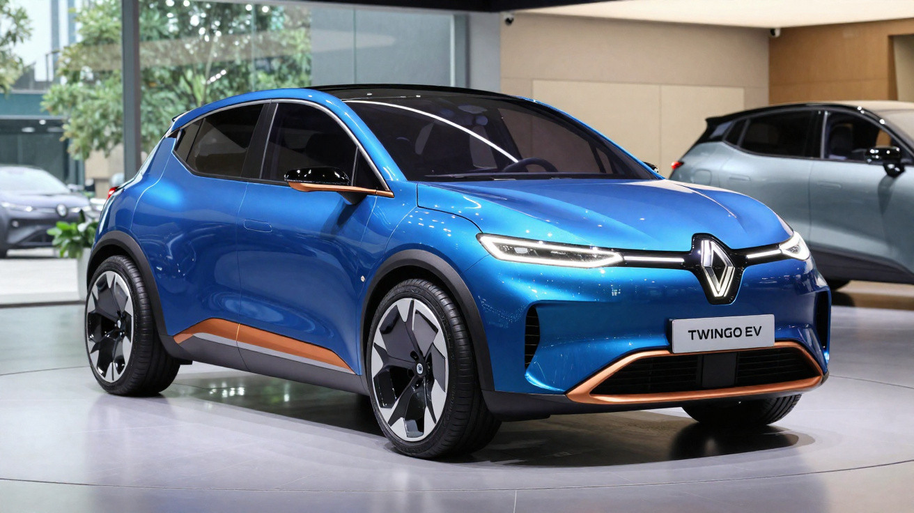 Carro elétrico compacto Renault Twingo EV azul com detalhes em cobre em exposição interna.