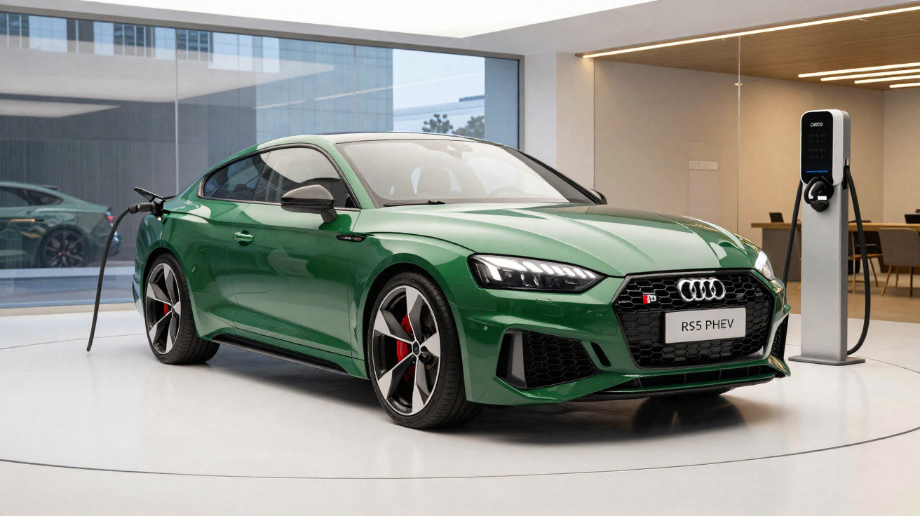 Carro esportivo verde Audi RS5 PHEV estacionado e conectado em carregador elétrico em showroom moderno.