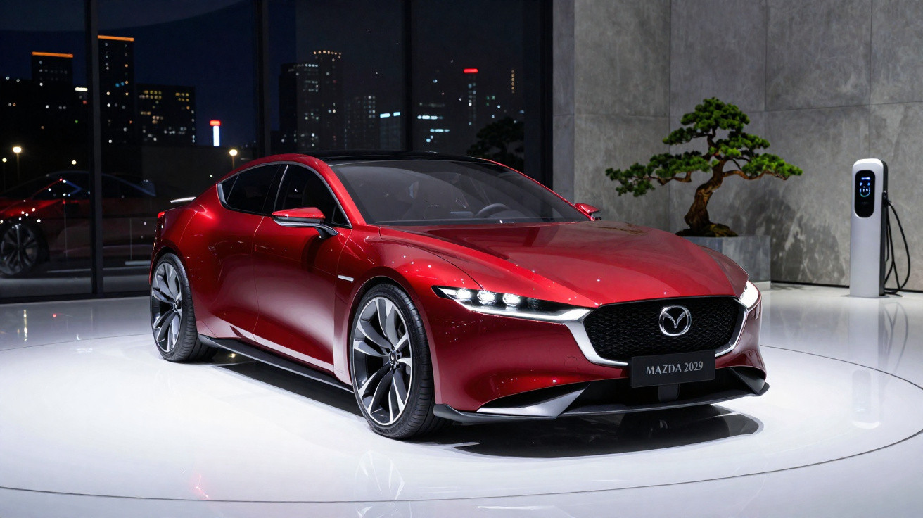 Carro esportivo vermelho Mazda 2029 em exposição interna com cidade iluminada ao fundo à noite.