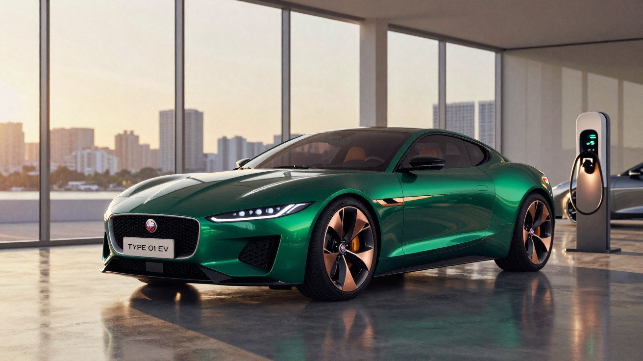 Carro esportivo elétrico verde Jaguar Type 01 EV carregando em estação dentro de garagem ampla.