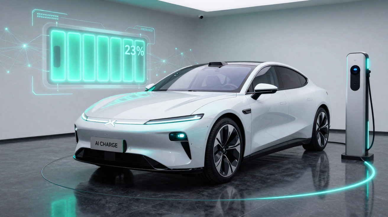 Carro elétrico branco sendo carregado, com indicação digital de bateria em 23% em ambiente moderno e minimalista.