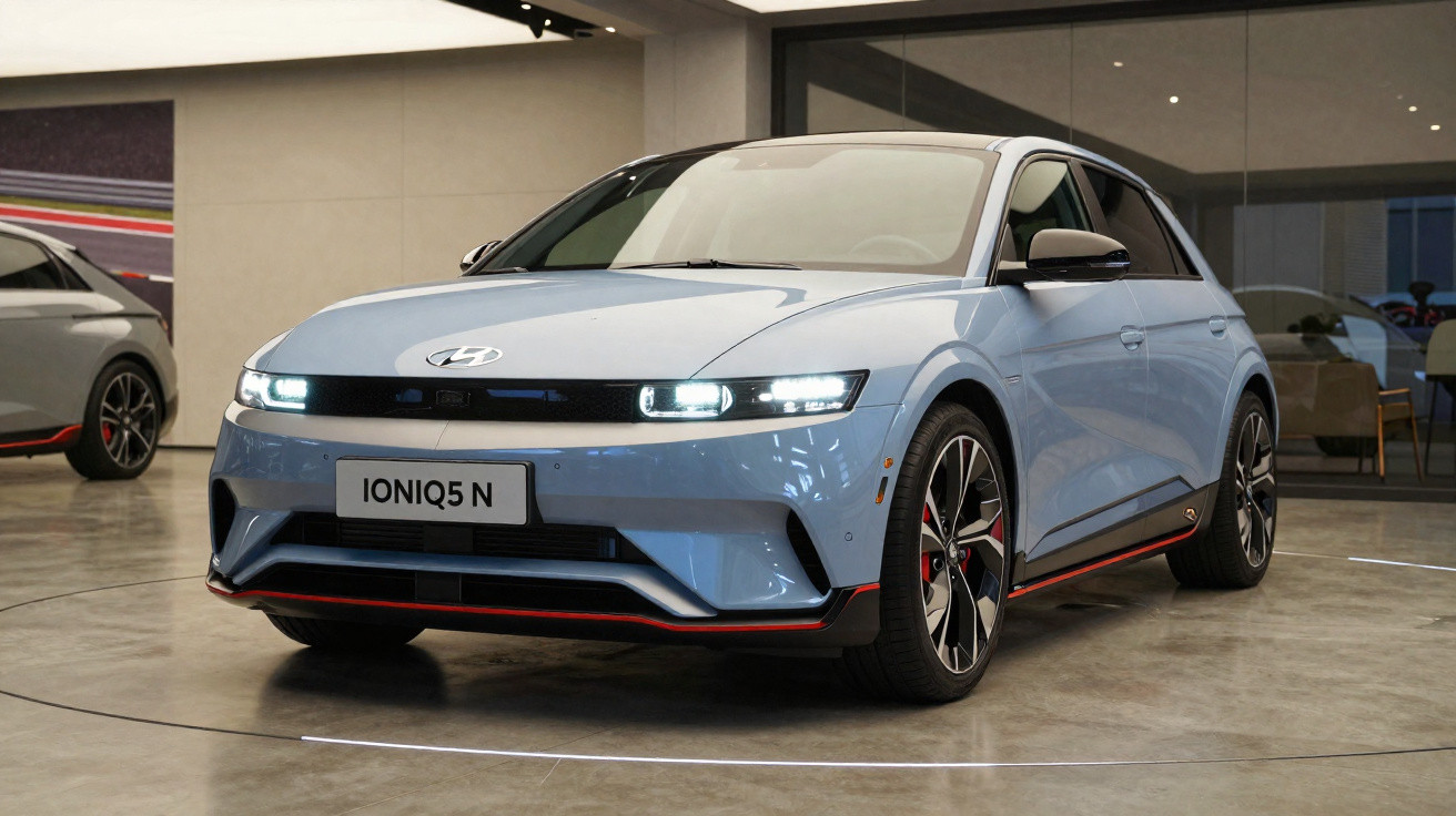 Carro elétrico Hyundai IONIQ 5 N azul em exposição, destaque nos faróis acesos e rodas esportivas.