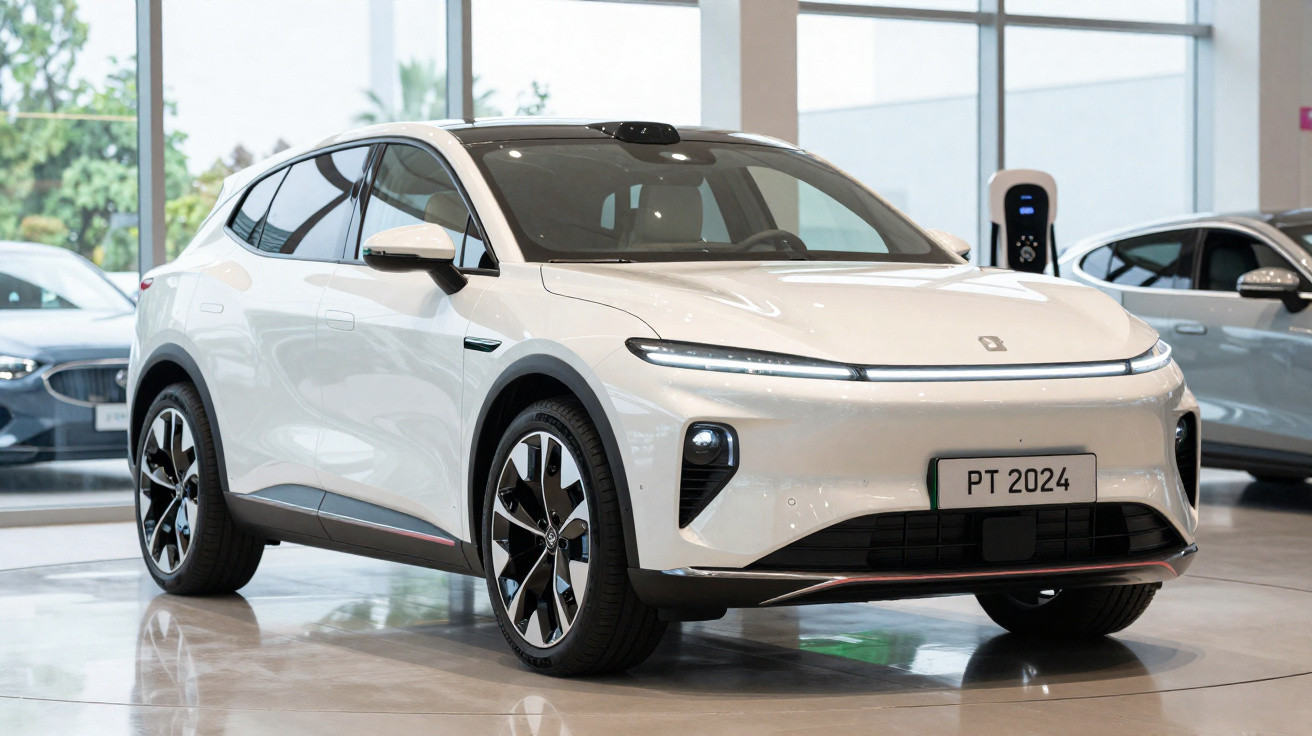 Carro elétrico branco exposto em showroom moderno, com design futurista e rodas pretas com detalhes cromados.