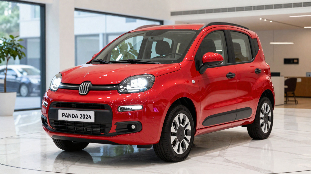 Carro vermelho Fiat Panda 2024 exposto em showroom com piso branco e ambiente iluminado.