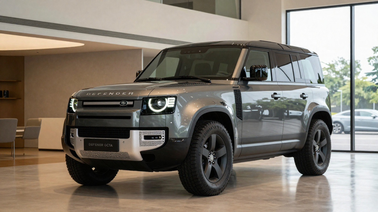 Carro SUV Land Rover Defender cinza estacionado em ambiente interno moderno com luz natural.