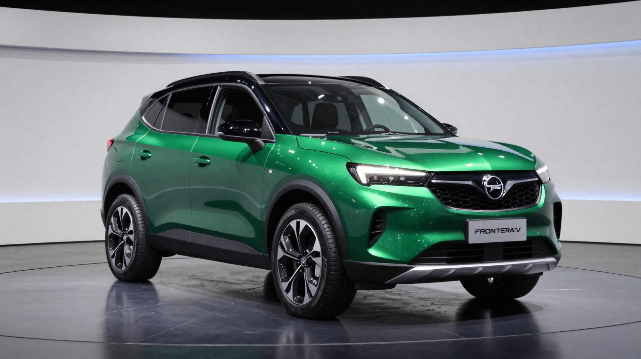 SUV verde metálico Opel Frontera EV, vista frontal direita em estúdio com teto preto e rodas esportivas.