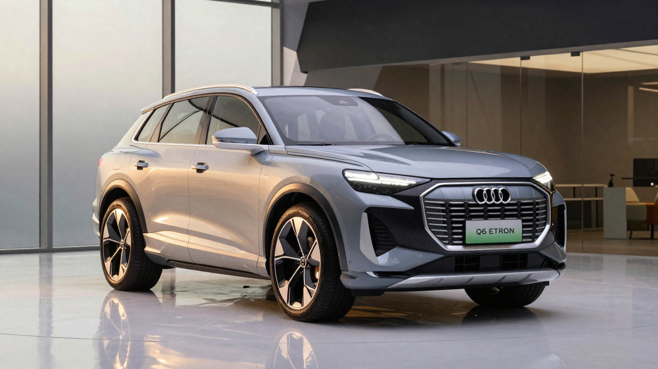 Carro elétrico Audi Q6 E-Tron cinza estacionado em ambiente interno moderno e iluminado.