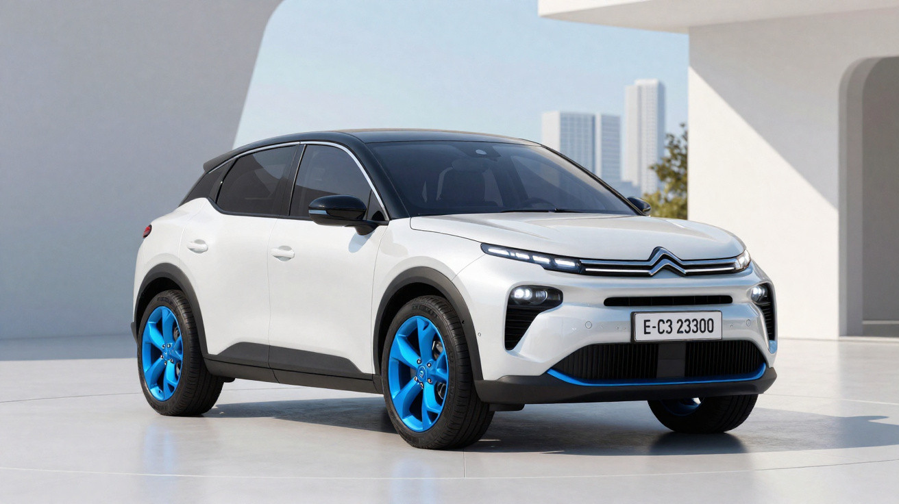 Carro Citroën E-C3 branco com rodas azuis estacionado em área moderna e urbana.