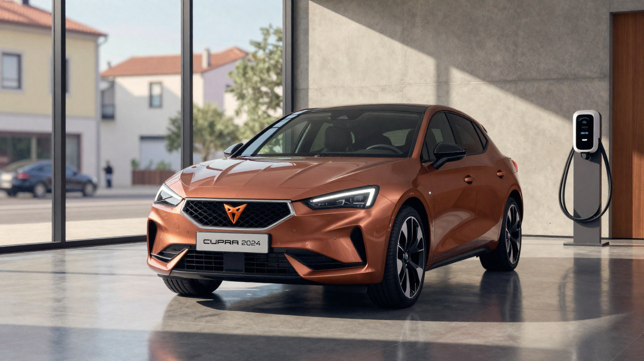 Carro elétrico Cupra 2024 laranja estacionado em garagem com carregador elétrico ao lado.