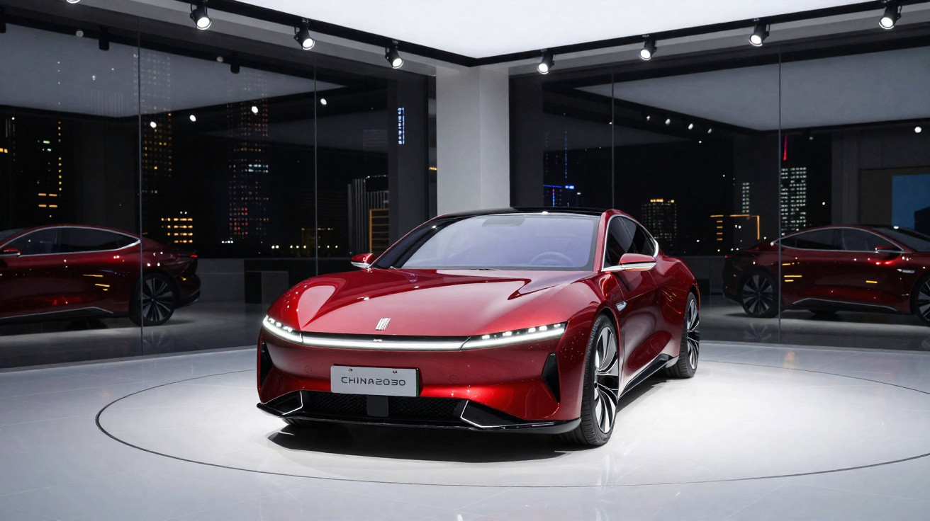 Carro esportivo elétrico vermelho em exposição dentro de sala moderna com paredes de vidro reflexivas.