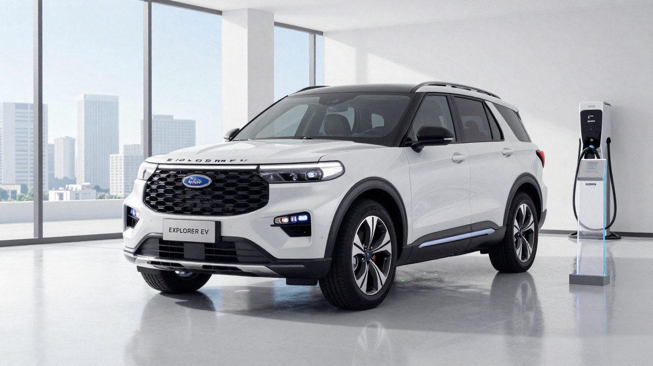Carro elétrico branco Ford Explorer EV estacionado ao lado de carregador em ambiente moderno e com janelas amplas.