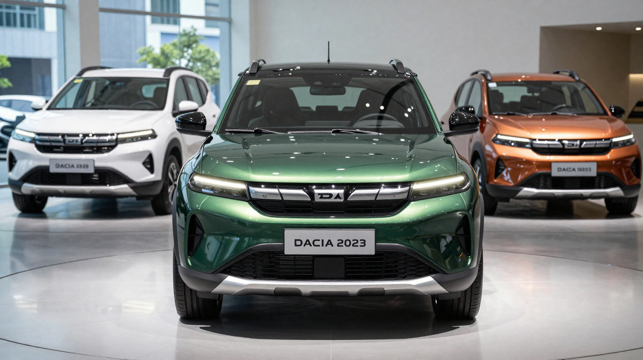 Três carros Dacia 2023 em exposição, nas cores verde, branco e laranja, em ambiente interno iluminado.