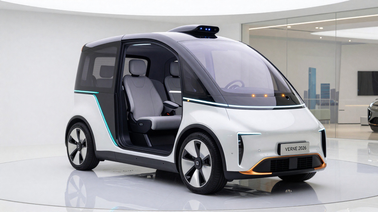 Carro elétrico autônomo futurista branco com portas deslizantes e design compacto em ambiente de showroom.