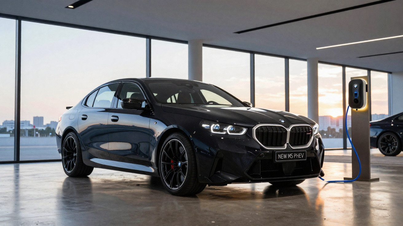 Carro BMW M5 PHEV preto estacionado em carregador elétrico dentro de garagem com janelas grandes ao fundo.