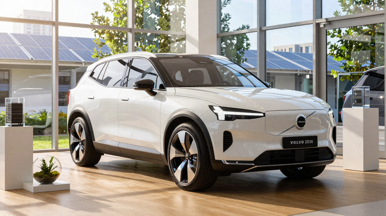 Carro elétrico Volvo branco modelo 2030 exposto em sala com grandes janelas e piso de madeira.